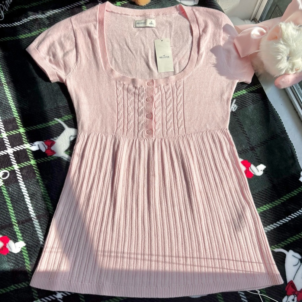 NWT Hollister Light Pink Button-Front Knit Babydoll Top Size Small
